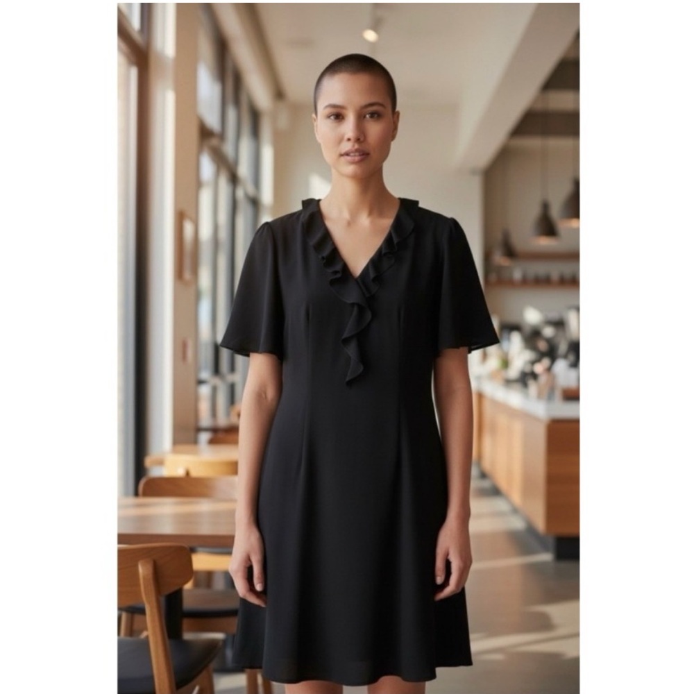 & Other Stories Short Sleeve A-Line‎ Ruffle Mini Dress 8 Black